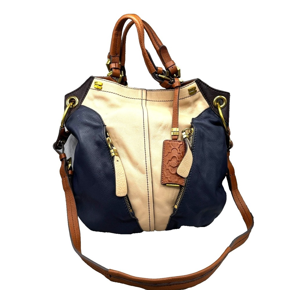 ORYANY VICTORIA Convertible Hobo Tote Shoulder Bag Colorblock Leather Navy Tan